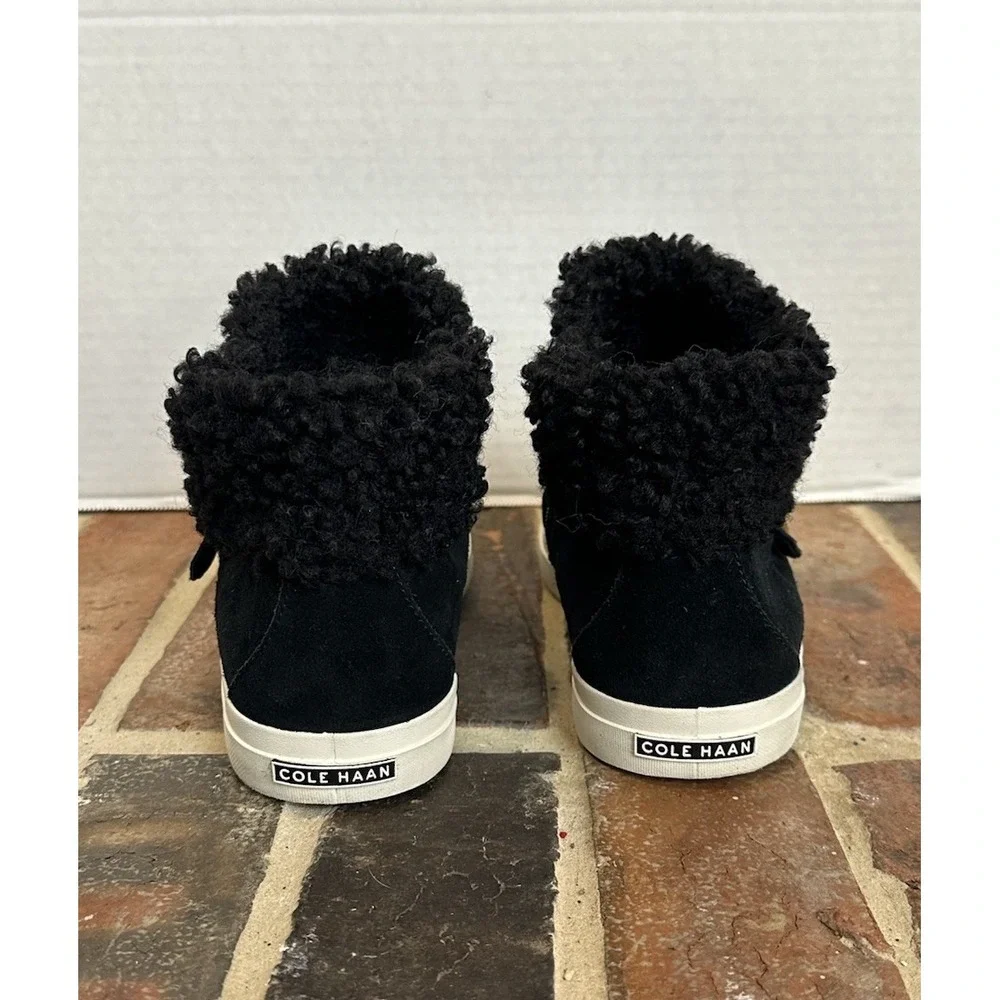 Cole Haan NANTUCKET Cozy Ankle Suede Boots H2O Black Faux-Shearling Trim Wm Sz 8
